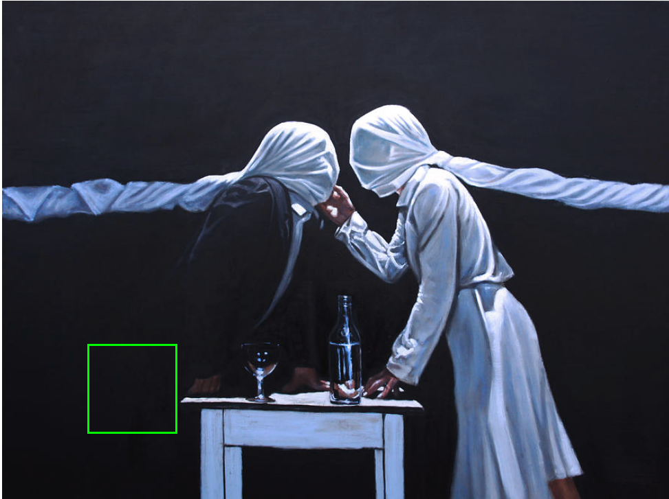 Relations — peinture de Charles Sabourin : deux figures voilées reliées par un cordage, autour d'une nature morte